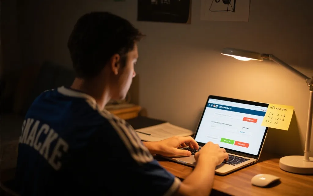 新手在电脑前准备世界杯订票流程的场景，桌上有便签与时钟