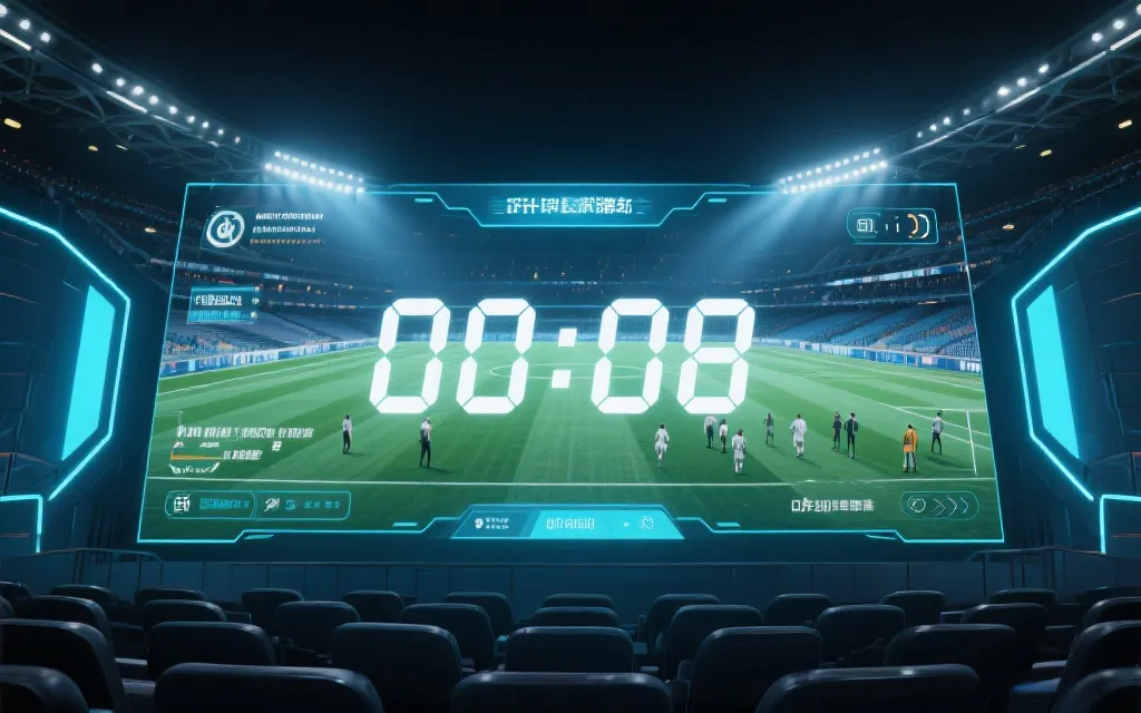 虚拟看台与直播互动叠加的赛前倒计时场景，科技感与人群情绪并存